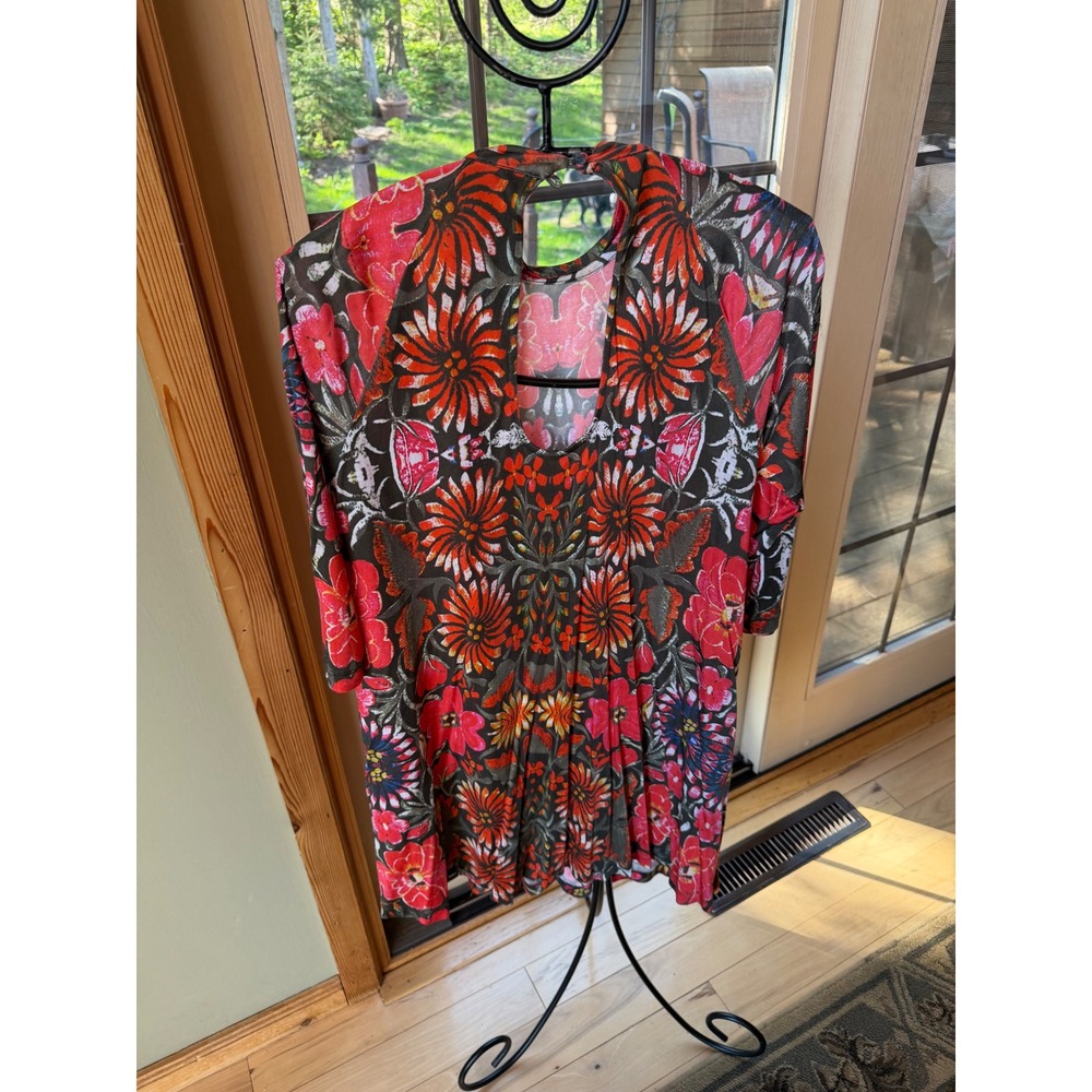 Free People New Romantics Red Floral Kaleidoscopic Tunic Dress Trapeze Sz. M - Picture 2 of 9